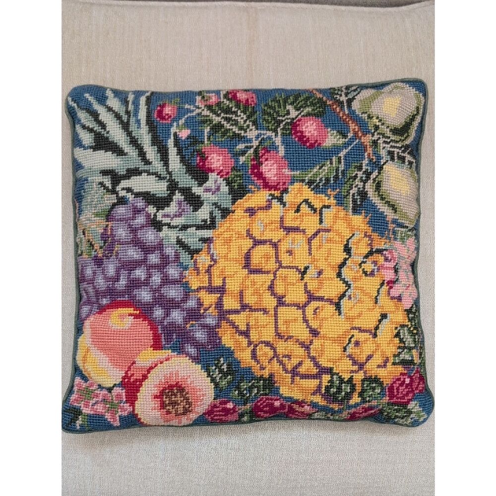 Handmade Fruit Needlepoint Pillow - Blue Background Yellow Pineapple Vintage